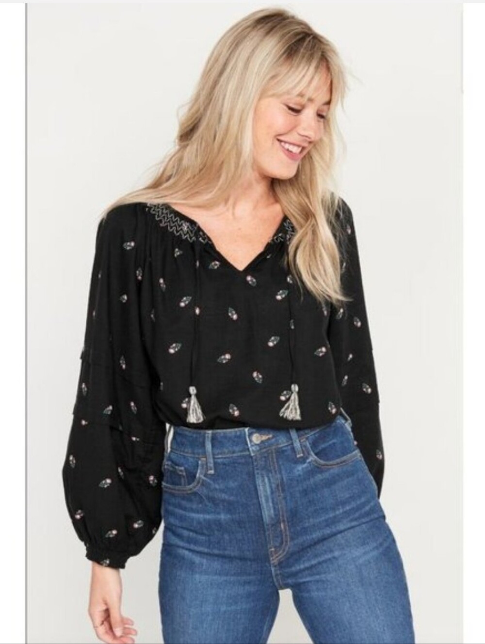Old Navy Floral Smocked Poet Tassel Blouse Size M
